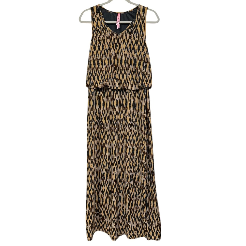 Magic Dress Womens XL‎ Black Tan Ikat Print Sleeveless Maxi Blouson Overlay Long